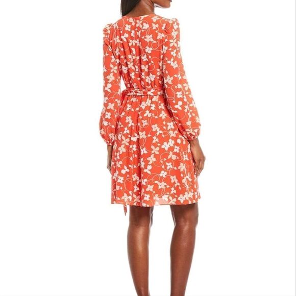 ELIZA J Tie Waist Floral Print Crew Neck 3/4 Sleeve A-Line Pebble Crepe Dress - Picture 3 of 8
